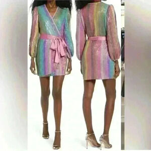 Harlyn Sequin Rainbow Stripe Surplice V-Neck Wrap Dress Size S